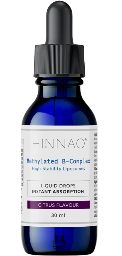 HINNAO Sublingual Methylated B-Complex drops blue glass bottle for energy support